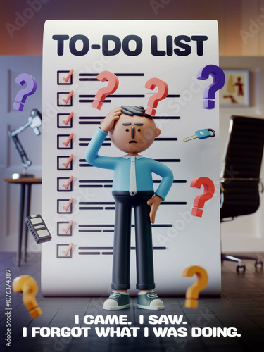 A confused cartoon character stands in front of a large to-do list with question marks around him, and the caption 