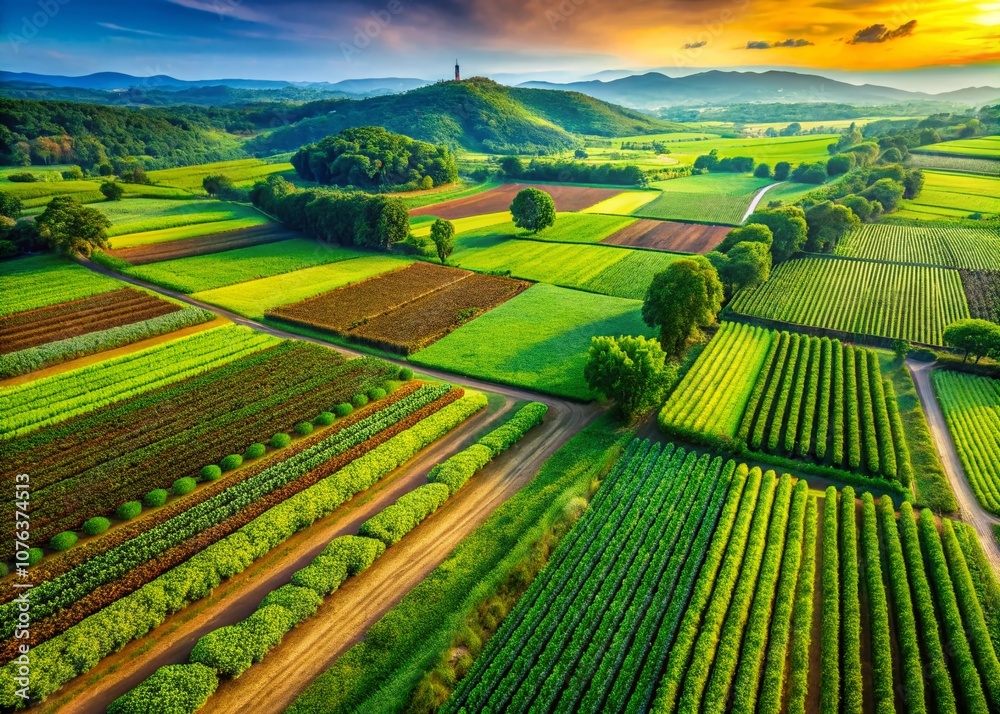 Fototapeta premium Aerial View of Lush Green Plantation Showcasing Healthy Crops and Vibrant Fields in a Scenic Landscape Emphasizing Sustainable Farming Practices and Agricultural Beauty