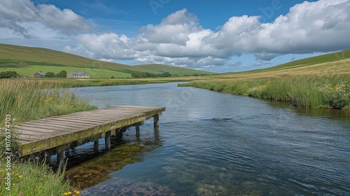 Wallpaper Mural Wooden Dock Extending Over a River with Distant Farmhouse and Rolling Hills Torontodigital.ca