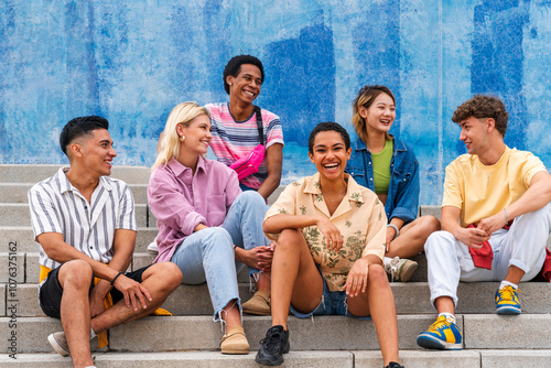 Multi ethnic group of young people sitting on steps in front of wall