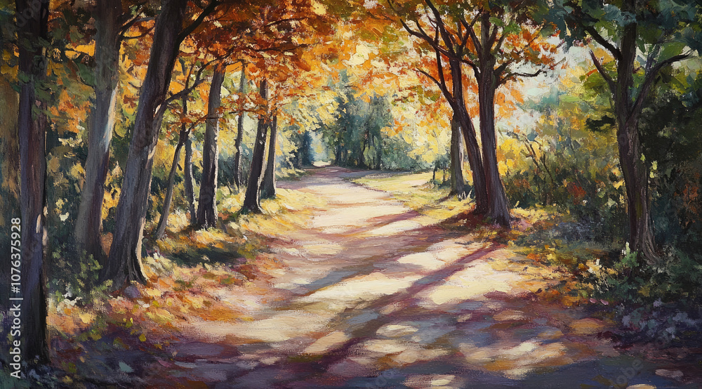Obraz premium Enchanted Autumn Trail with Warm Sunlight Streaming Through