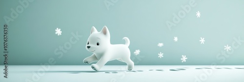Abstract Advertising Background Featuring a 3D Render of a Playful Puppy Running in the Snow, Leaving Paw Prints, Surrounded by a Tranquil Winter Scene with a Soft Blue Sky and Simple Background, Capt