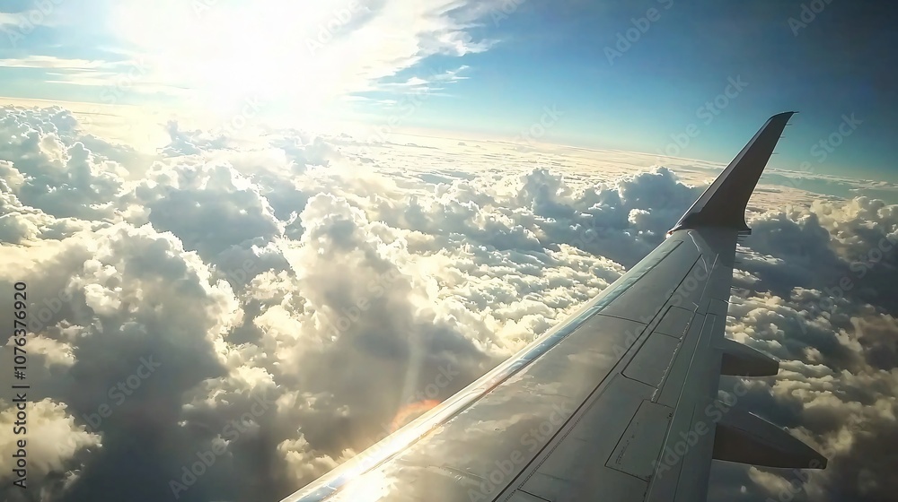 Experience the breathtaking view from your window seat mid-flight over soft fluffy clouds Experience the breathtaking view from your window seat mid-flight over soft fluffy clouds