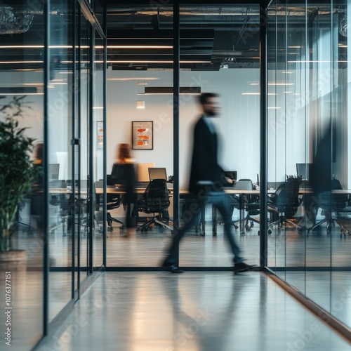 blured business people walking with fast movement in office and people meeting on table