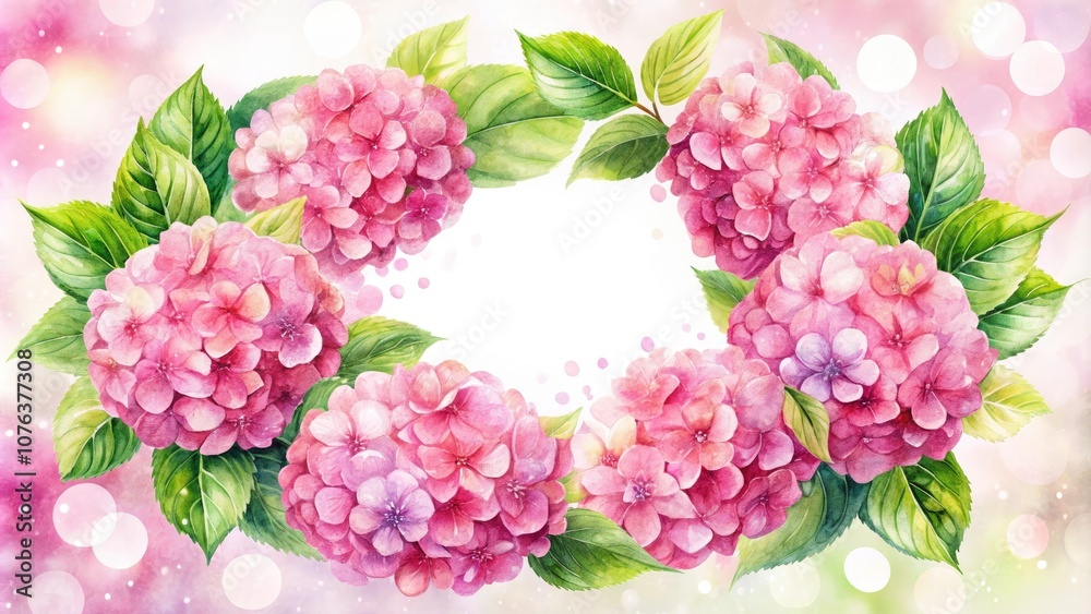 Pink Hydrangea Flower Wreath Watercolor Clipart with Bokeh Effect for Elegant Designs and Decor