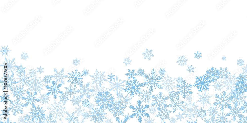 Light blue elegant snowflake banner, vector snow footer or border, greeting card or invitation frame, cute winter background design