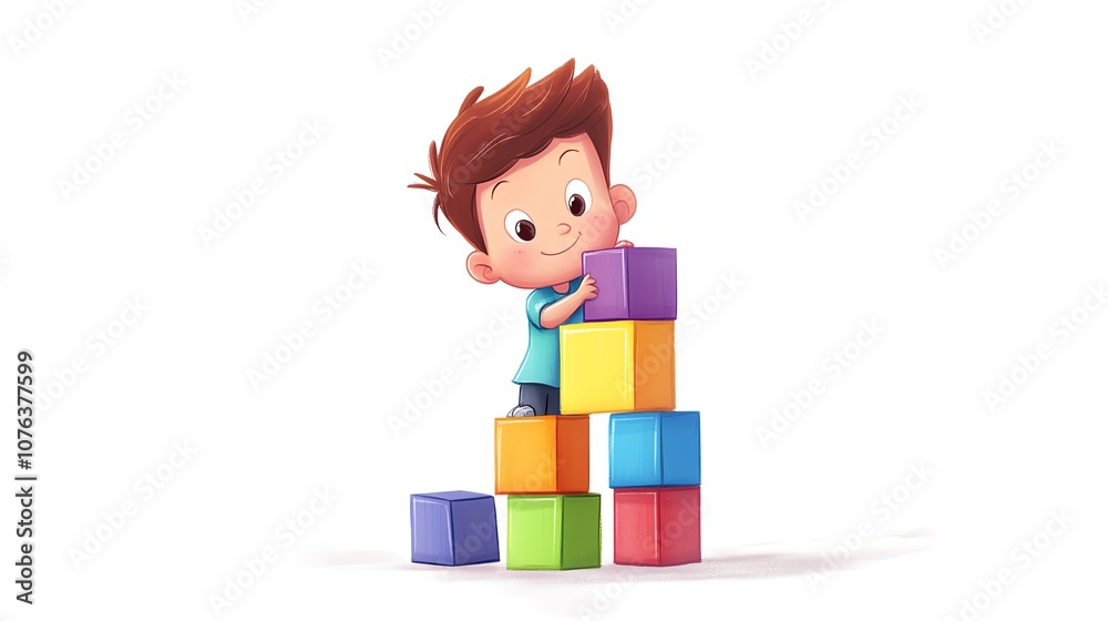 a 2D cartoon illustration of a child building a colorful block tower, fun and creative, white background--ar 16:9 a 2D cartoon illustration of a child building a colorful block tower, fun and creative, white background--ar 16:9
