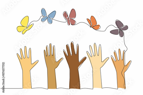 Single one line drawing five hands raised up with some butterflies flying above them. Embrace our differences. A symphony of unity. Zero Discrimination Day. Continuous line design graphic illustration