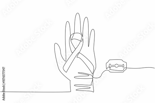 Single continuous line drawing campaign ribbon on back of the hand on the arm with many cuts. Potential for self-harm. Delicate balance. Self-Injury Awareness Day. One line design vector illustration