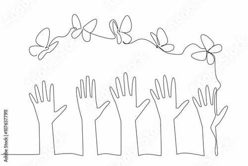 Single one line drawing five hands raised up with some butterflies flying above them. Embrace our differences. A symphony of unity. Zero Discrimination Day. Continuous line design graphic illustration