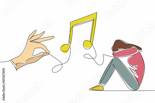 Single continuous line drawing woman crouching on the floor covering her face. The power of music to uplift the spirits. Melody of healing. World Music Therapy Day. One line design vector illustration