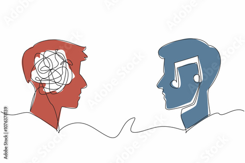 Single one line drawing two head silhouettes with crumpled circle fill and tones. Music can bridge divides. Clash of perspectives. World Music Therapy Day. Continuous line design graphic illustration