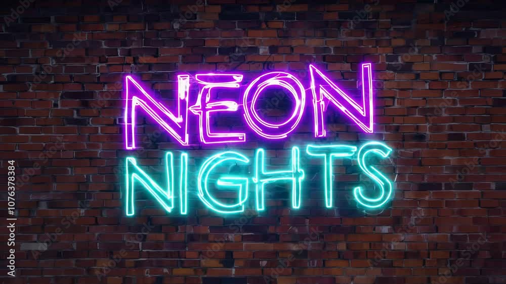 Neon nights graffiti on a brick wall, with dynamic light streaks and 360-degree camera movement