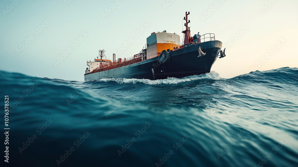 Fototapeta premium Large cargo ship navigating through rough ocean waters with a clear sky in the background, showcasing maritime transport and sea travel.