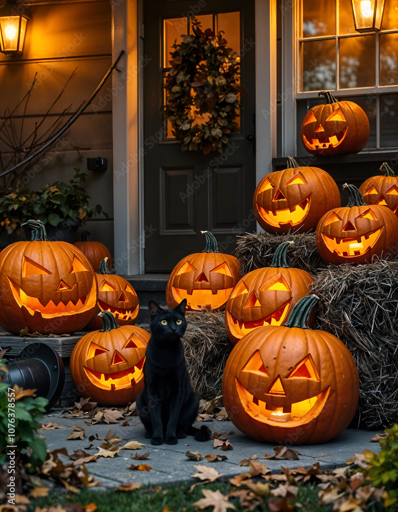 Fototapeta premium Halloween pumpkin decorations with black cat and night 