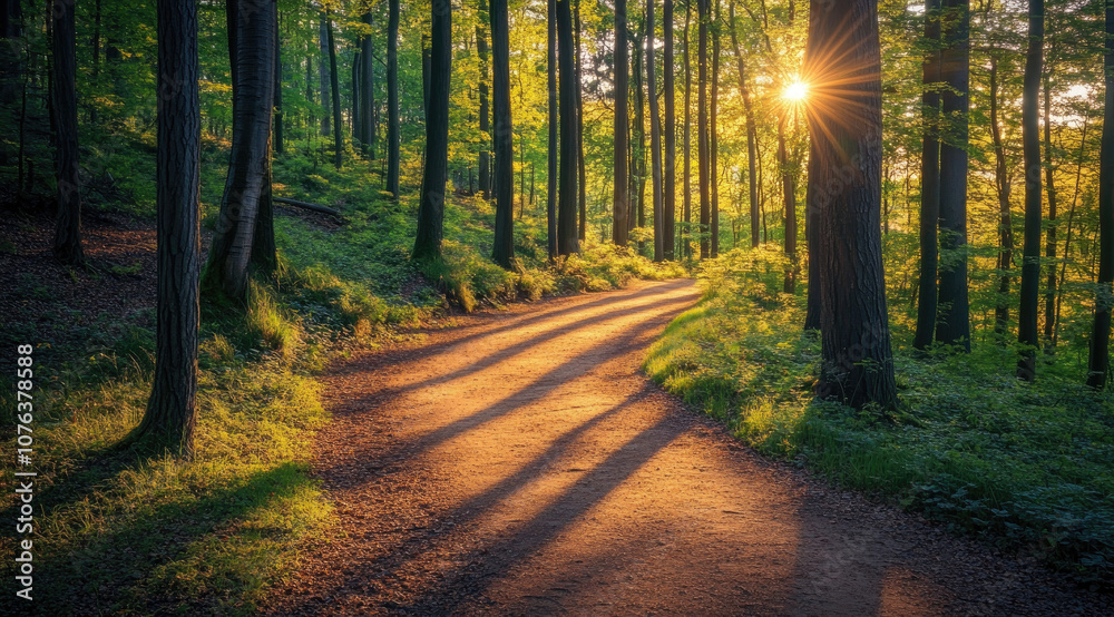 A Winding Path in an Enchanted Forest, Sunlight Casting Soft Shadows A Winding Path in an Enchanted Forest, Sunlight Casting Soft Shadows