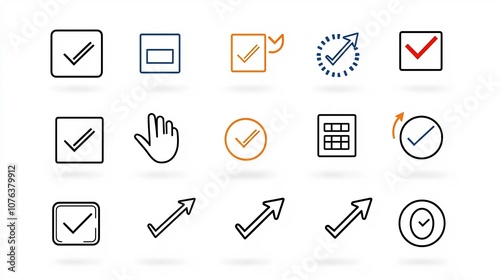 Collection of 15 clean icons symbolizing various selection and decision making elements such as checkboxes hand gestures and decision arrows for user interface and interactive design