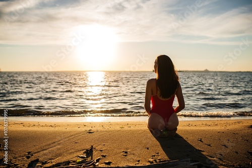 A girl in a red swimsuit is sitting on the beach at sunset