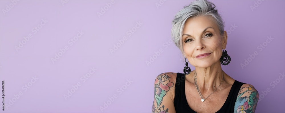 Beautiful and stylish grey-haired mature woman with tattoos isolated on light purple background