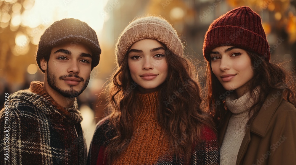 Fashionable Young Adults Enjoying an Autumn Day in a Bustling Park Setting
