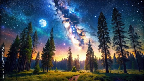 Serene Night in a Forest Under Starry Sky - Panoramic View of Tranquil Nature, Star Trails, Moonlit Trees, Calm Wilderness, Nighttime Serenity, Milky Way, Peaceful Scenery