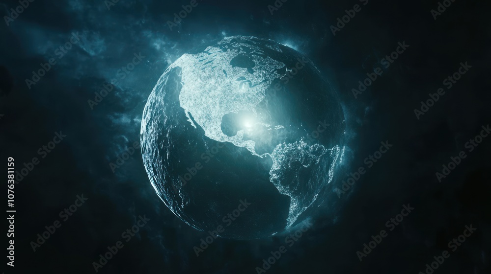 Glowing Earth with North America Illuminated in a Dark, Foggy Sky Glowing Earth with North America Illuminated in a Dark, Foggy Sky