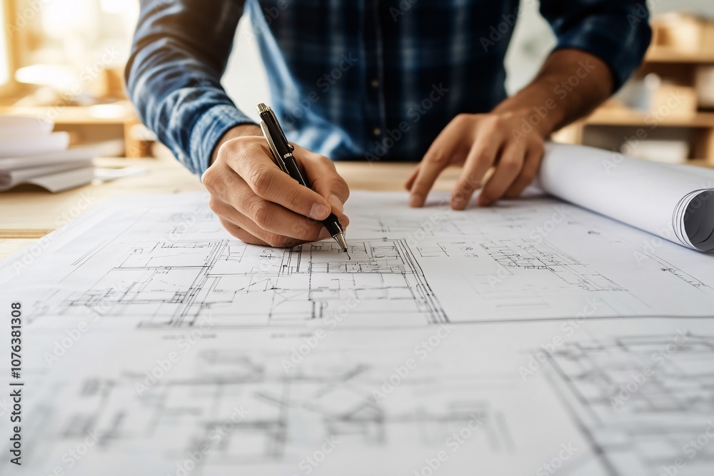 Architect Drawing House Plans on Blueprint: Construction and Design Architect Drawing House Plans on Blueprint: Construction and Design