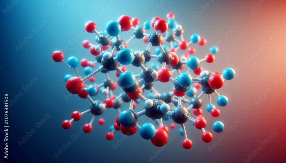 Molecule model, red and blue atoms, bonds. Scientific concept Molecule model, red and blue atoms, bonds. Scientific concept