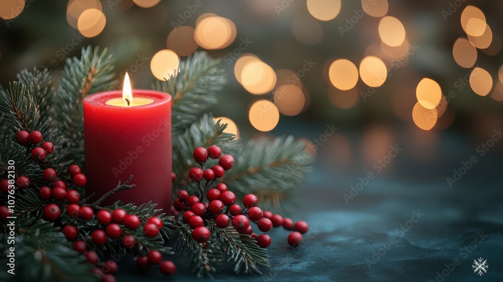 Christmas red berries and candles with green tree branches on a fuzzy background Christmas red berries and candles with green tree branches on a fuzzy background