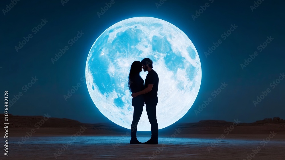Obraz premium Couple is kissing in front of a large blue moon. Concept of romance and intimacy, as the couple is captured in a moment of love and affection. The moon serves as a beautiful and romantic backdrop
