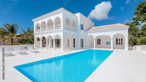 Large white house with a pool and a white fence. The pool is blue and surrounded by white chairs