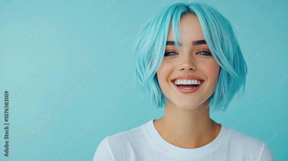 Fototapeta premium Woman with blue hair is smiling and wearing a white shirt. Concept of happiness and positivity