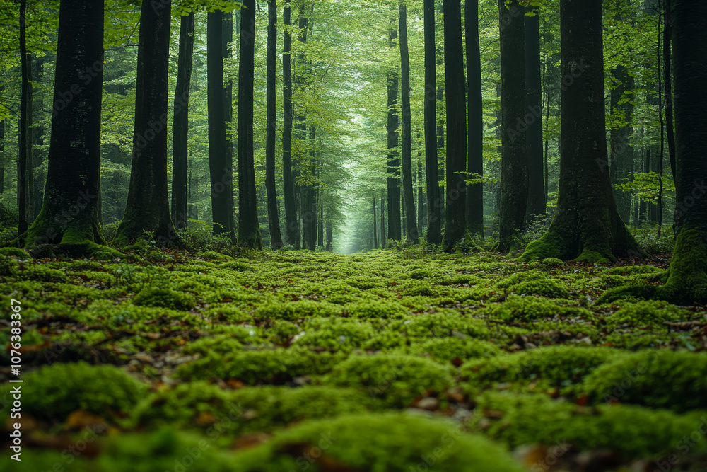 Fototapeta premium Dense Forest with Sunlit Glades and Tall Trees, Peaceful Natural Atmosphere