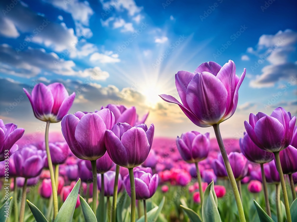 Beautiful Spring Field of Violet Tulips in Full Bloom with a Soft Background, Perfect for Seasonal Decor and Nature Lovers, Ideal for Banners and Copy Space