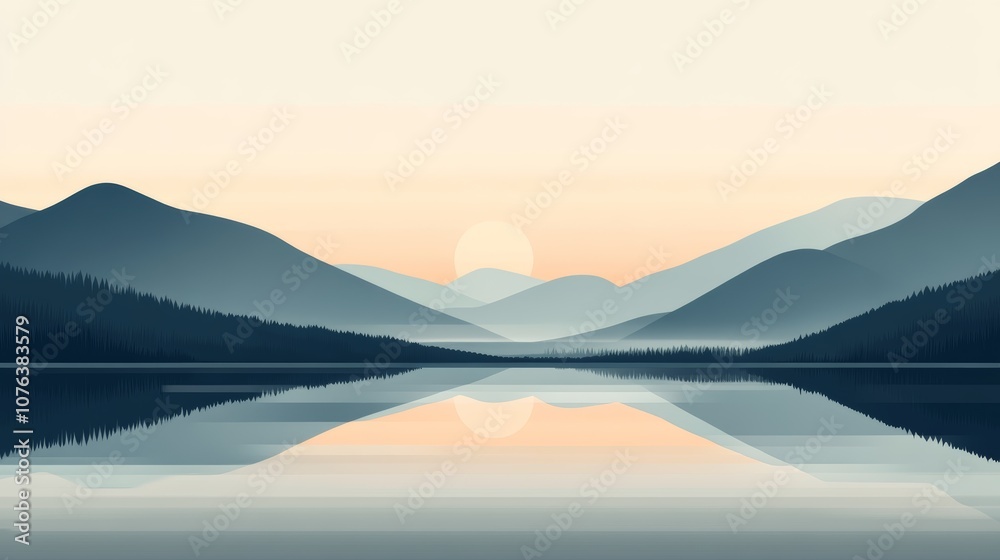 Fototapeta premium Serene Mountain Lake at Sunset. Minimalist Flat Art.