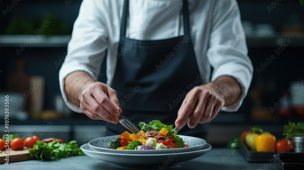 culinary expert carefully prepares a vibrant salad, arranging fresh ingredients with precision in a well-equipped kitchen filled with produce and herbs culinary expert carefully prepares a vibrant salad, arranging fresh ingredients with precision in a well-equipped kitchen filled with produce and herbs