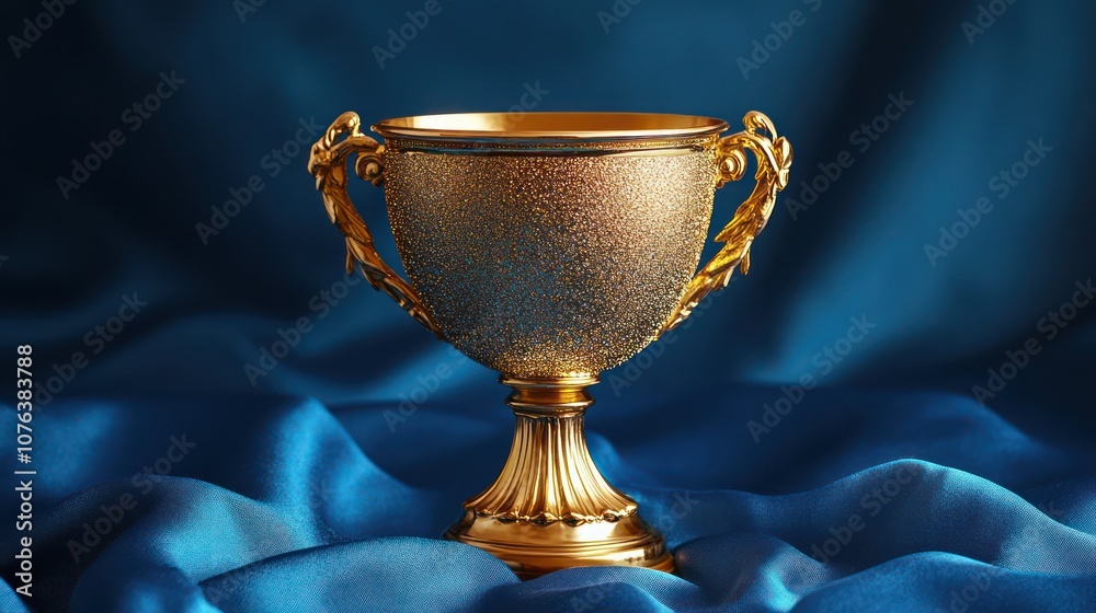A shiny gold winner's cup with glitter on a blue background symbolizes victory and success in competition A shiny gold winner's cup with glitter on a blue background symbolizes victory and success in competition
