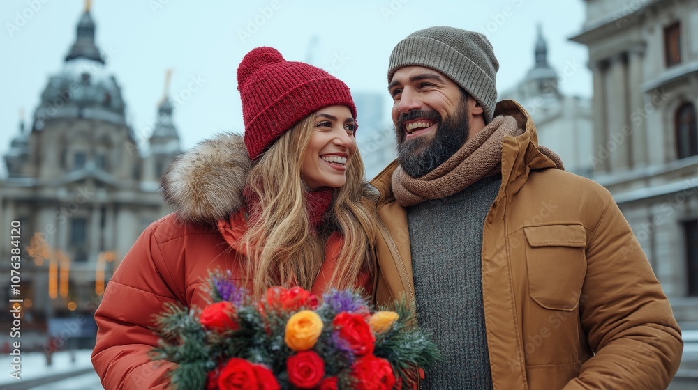 Obraz premium couple smiles at each other while bundled in warm clothing, enjoying a winter day in an urban setting, surrounded by historical buildings and light snow