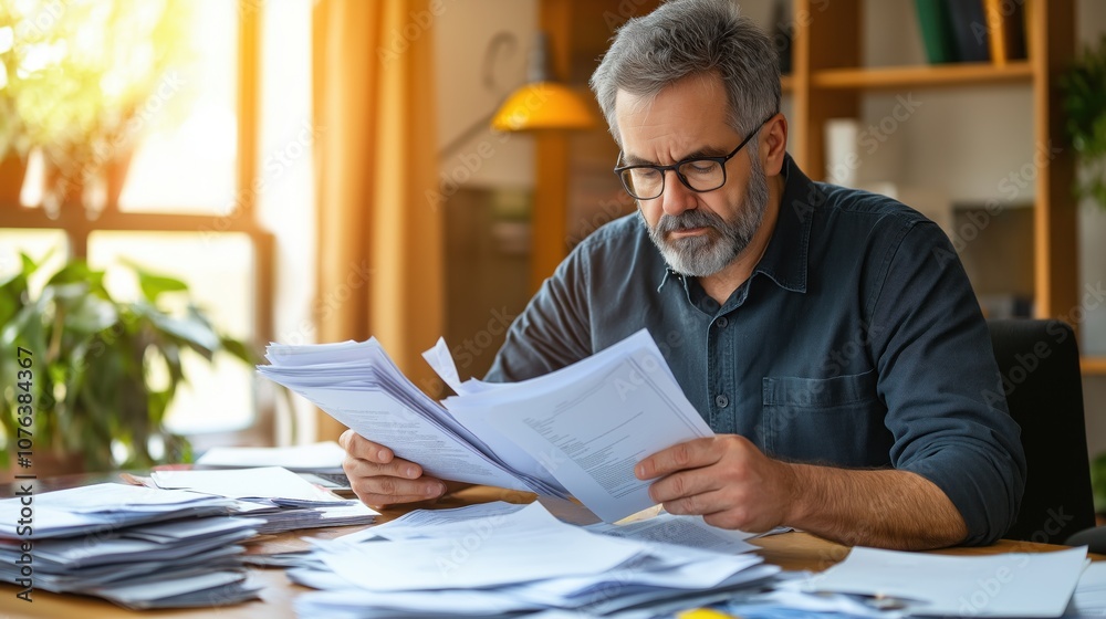 man in his fifties sits at a cluttered desk, carefully going through stacks of paperwork while sunlight filters through the window, creating a warm atmosphere man in his fifties sits at a cluttered desk, carefully going through stacks of paperwork while sunlight filters through the window, creating a warm atmosphere