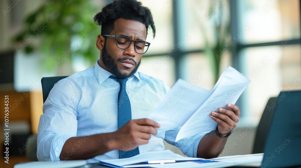 young man is focused on reading through paperwork at his desk in a bright, modern office. Natural light filters through large windows, enhancing the productive atmosphere young man is focused on reading through paperwork at his desk in a bright, modern office. Natural light filters through large windows, enhancing the productive atmosphere
