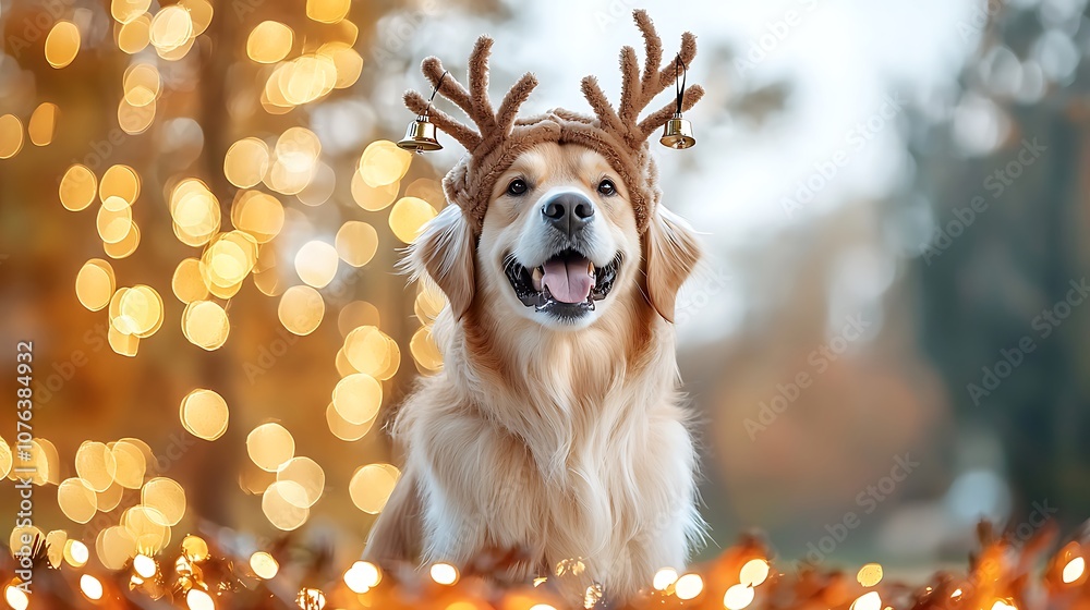 A fluffy Golden Retriever wearing a cute reindeer costume, adorned with bells and antlers, sitting among a stunning display of twinkling holiday lights, creating a festive and heartwarming scene. A fluffy Golden Retriever wearing a cute reindeer costume, adorned with bells and antlers, sitting among a stunning display of twinkling holiday lights, creating a festive and heartwarming scene.