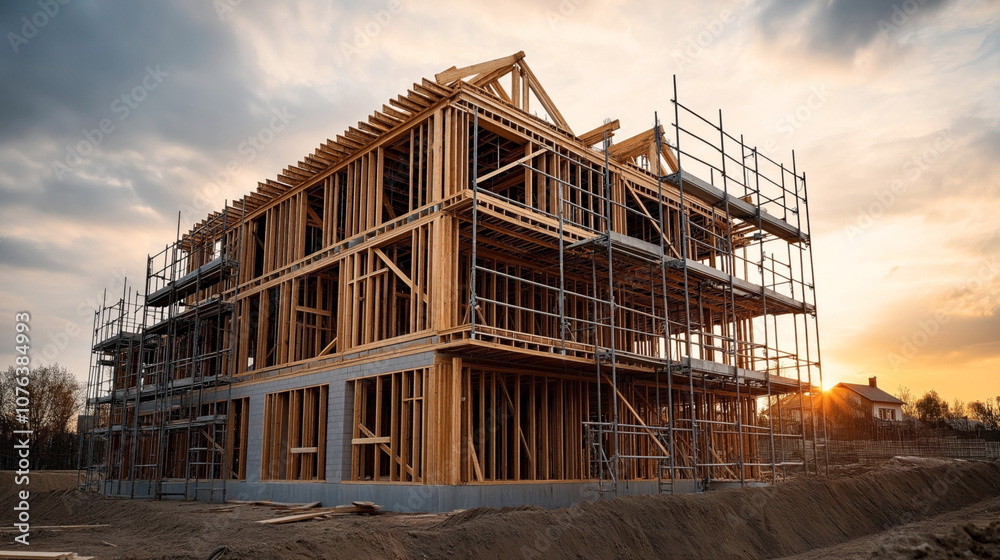Wooden-framed multistory building under construction with scaffolding during sunset, surrounded by dirt and trees in the background Wooden-framed multistory building under construction with scaffolding during sunset, surrounded by dirt and trees in the background