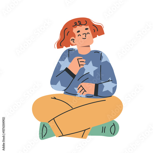 Playful Preschool Girl Sit on Floor and Listen to Story Vector Illustration