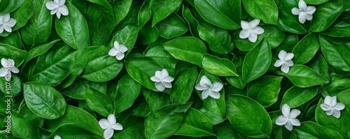 Fresh and Vibrant Green Leaves with White Flowers Seamless Floral Pattern Design