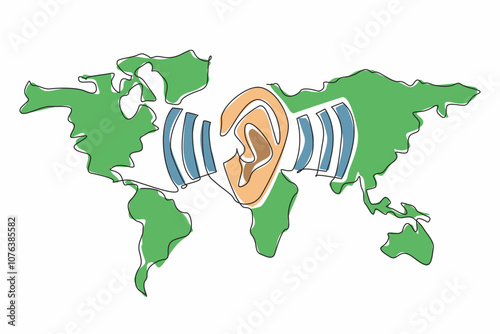 Single continuous line drawing ears amidst the sound waves of the world map background. Global communication. Connecting all people in the world. World Hearing Day. One line design vector illustration