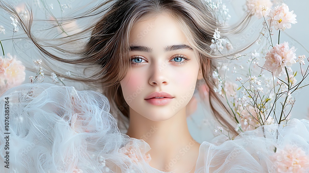 The portrait depicts a young woman with flowing hair surrounded by delicate flowers in soft pastel colors, creating a dreamlike and ethereal atmosphere.