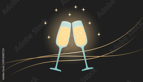 Two champagne flutes with sparklers around isolated on black background. Holiday celebration concept.