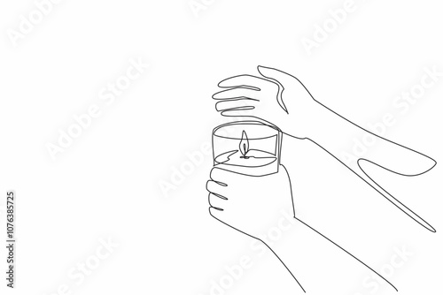 Continuous one line drawing hand holding a burning candle in a glass. Hand that provides protection. Extends the bright. Comfort. period World Candle Day. Single line draw design vector illustration