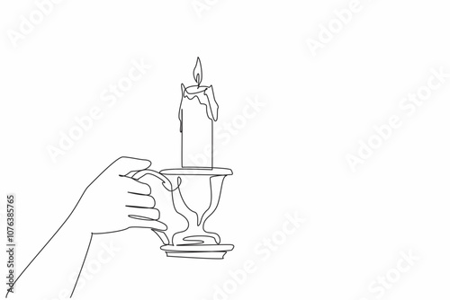 Single one line drawing hand holding candlestick with a lit candle. Share light and warmth. The only source of light in the darkness. World Candle Day. Continuous line design graphic illustration