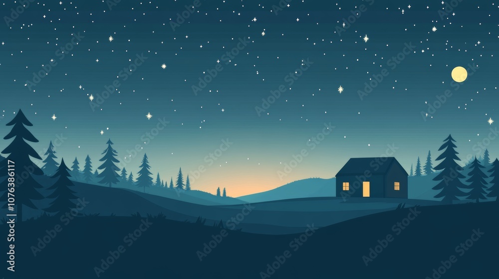 Fototapeta premium Nighttime Cabin in a Starry Forest. Minimalist Flat Art.